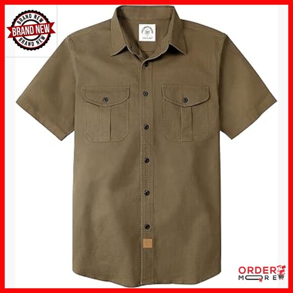 Men's Short Sleeve Button Down Shirt with Stretch Two Pockets Cotton Blend